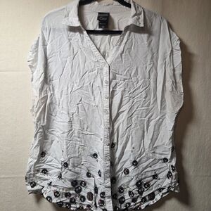 White Button-Up Shirt with Black Pattern